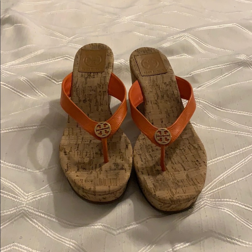 Orange Tory Burch Logo Wedge Sandals